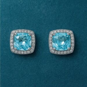 Aquamarine & Halo Topaz Stud 14K WG Sterling Silver Earrings
